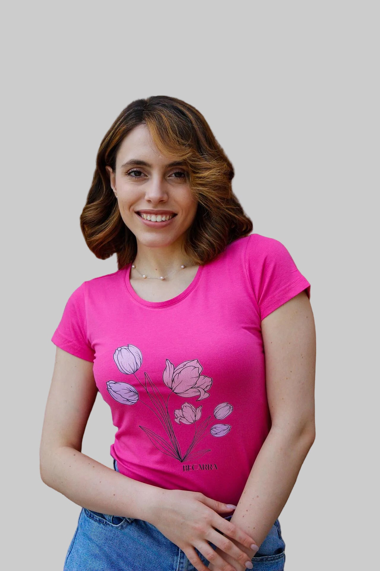 Тениска в цвят фуксия с авторска щампа лалета 